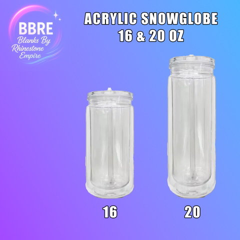 Two acrylic snowglobe containers with labels for 16 and 20 oz on a purple background, featuring BBRE Blanks By Rhinestone Empire logo.