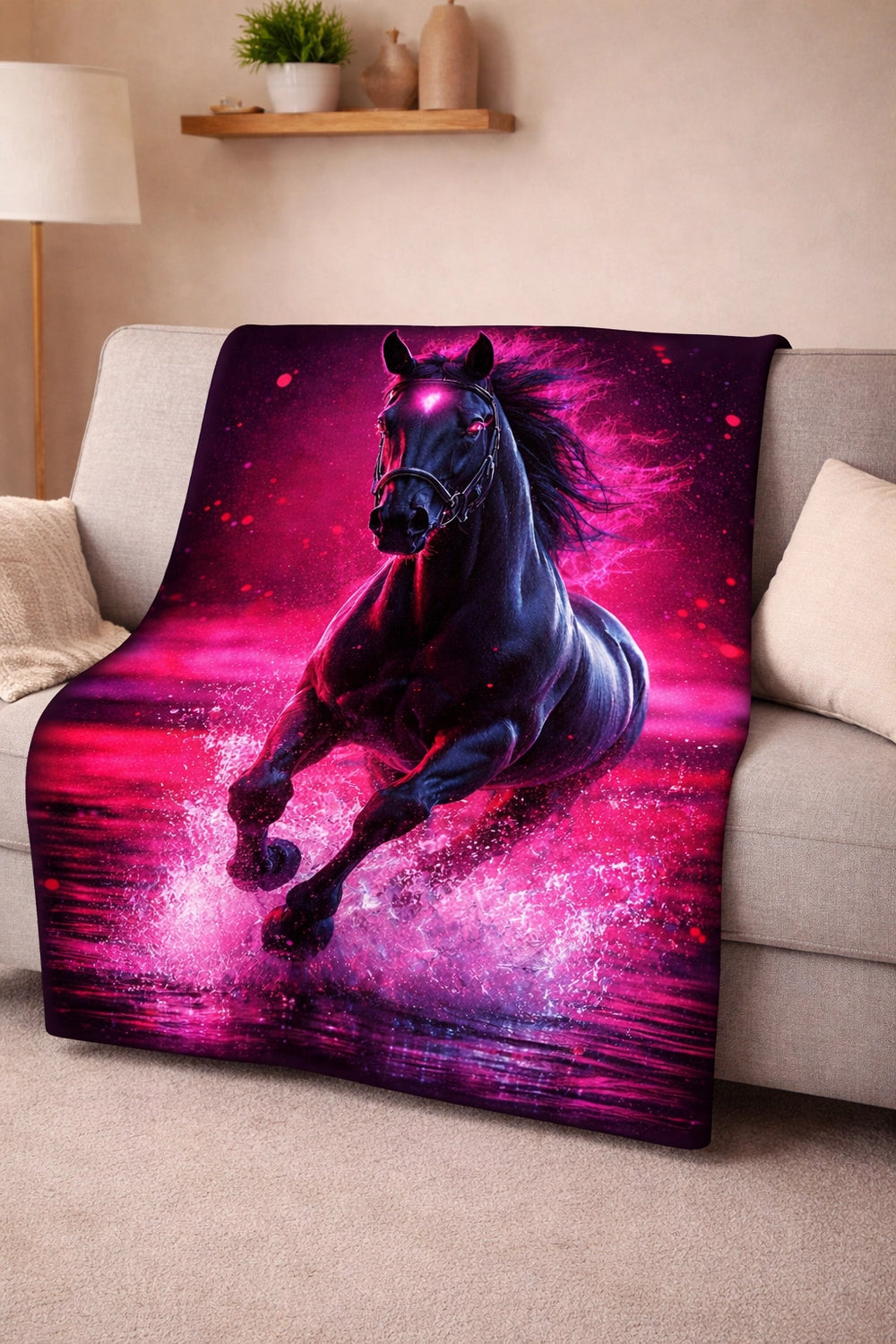 Fleece blanket with a horse design on a sofa in a living room setting