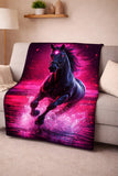 Fleece blanket with a horse design on a sofa in a living room setting