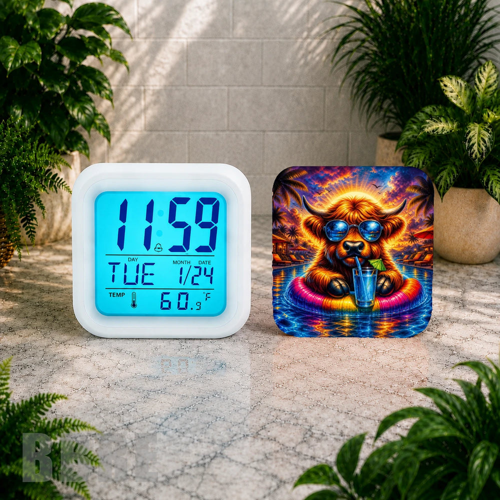 Chill Highland Cow Digital Clock Transfer