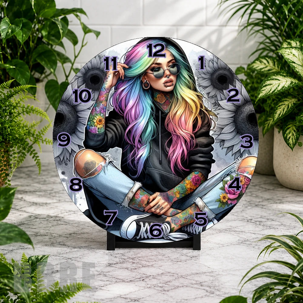 Colorful Tattooed Girl Clock Mockup,