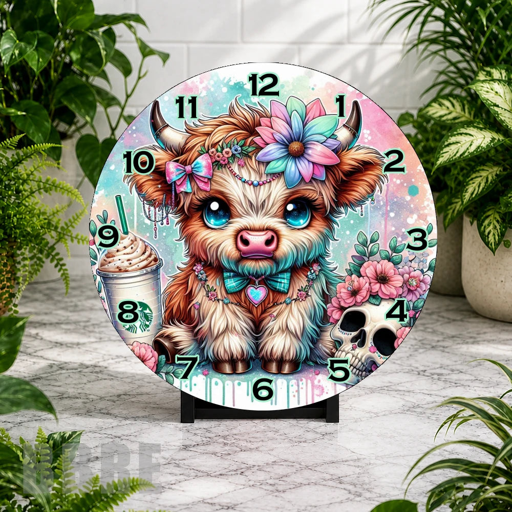 Cute Highland Cow 2 Clock Mockup,