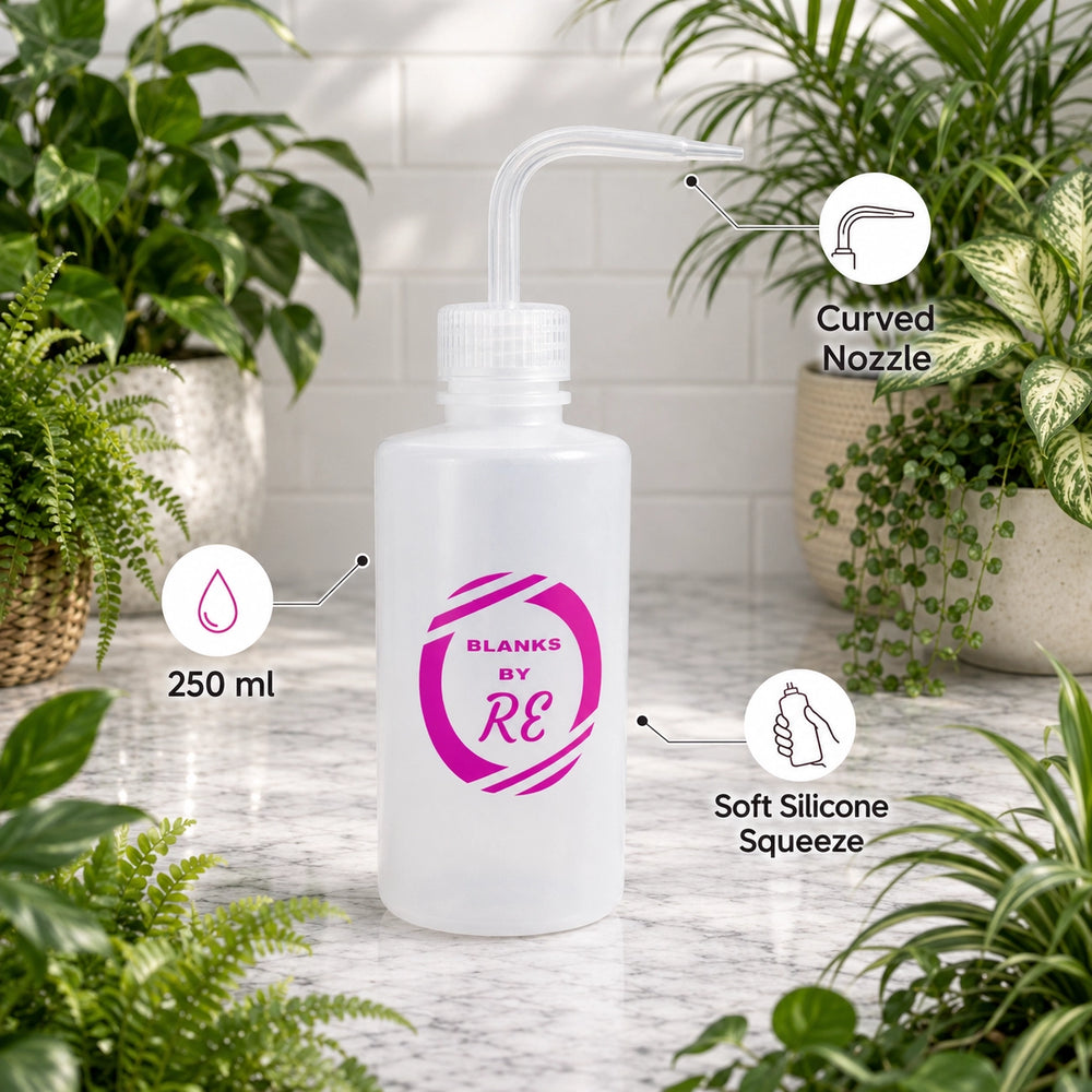 White squeeze bottle with labeled features on a light wooden surface with plants in the background