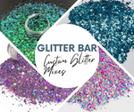 Collage of glitter in various colors with 'Glitter Bar Custom Glitter Mixes' text.