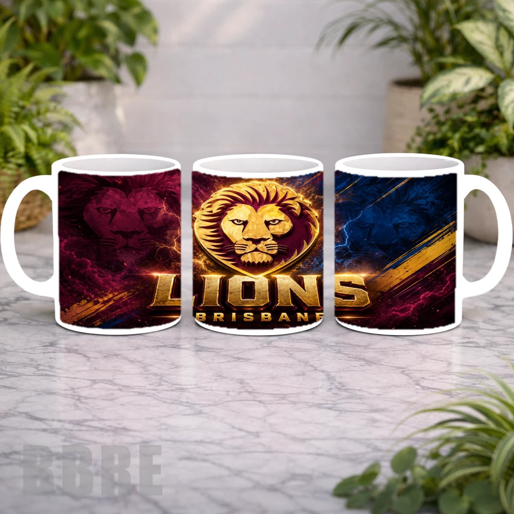 Three mugs with 'Lions Brisbane' logo on a marble surface with plants in the background