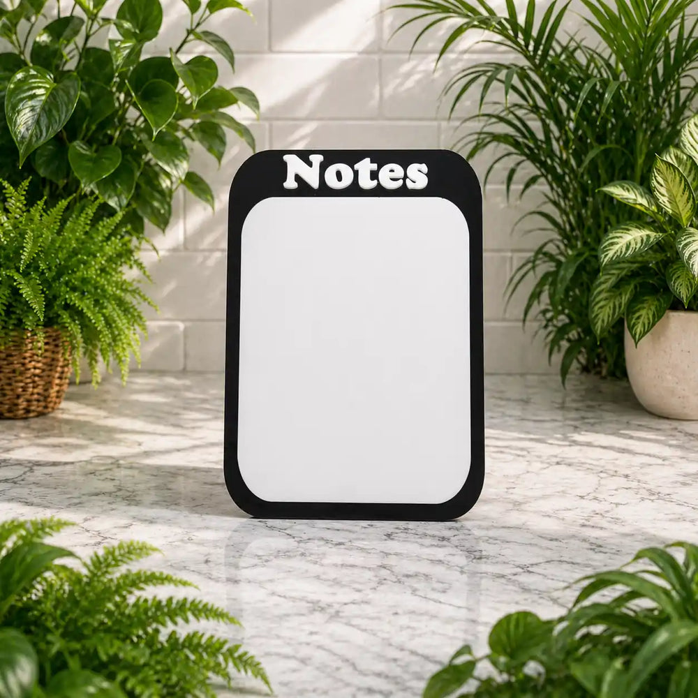 Small blackboard with 'Notes' text on a marble surface surrounded by plants