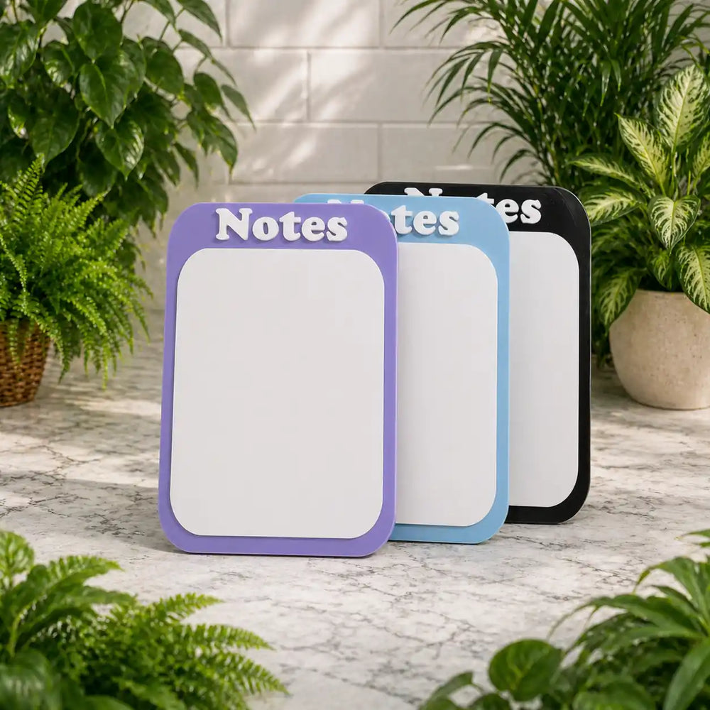 Three small noteboards with 'Notes' text on a marble surface surrounded by plants.