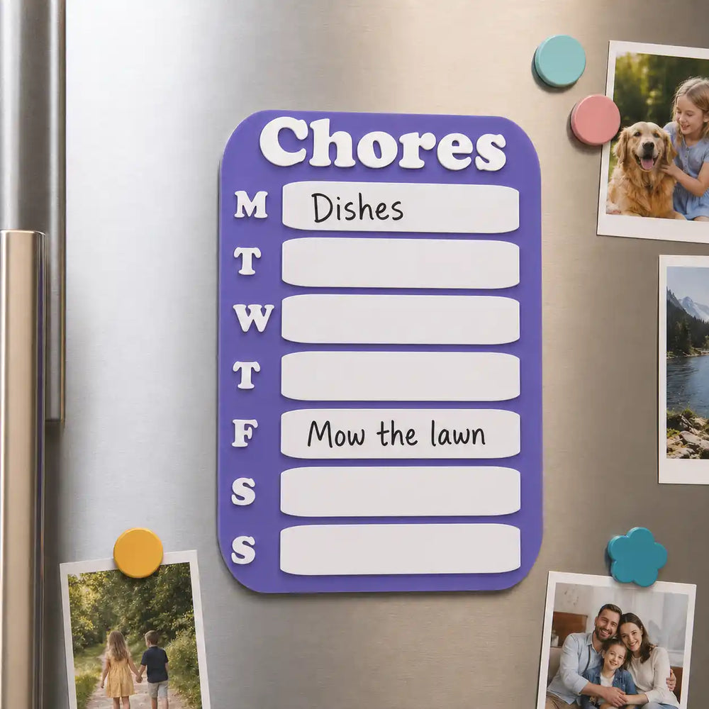 Purple chore chart on a refrigerator with photos attached