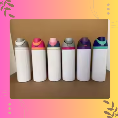 Set of six white bottles with colorful caps on a brown surface, framed by a colorful border.