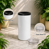 White container with black can lid and clear slide lid on a stone surface with plants.
