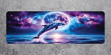 Dolphin leaping through a cosmic sky with stars and moons on a textured surface.