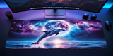 Gaming desk setup with a large mouse pad featuring a dolphin design.