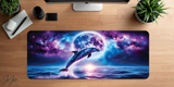 Decorative mouse pad with a dolphin design on a wooden desk.