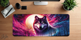 Decorative mouse pad with wolf design on a wooden desk
