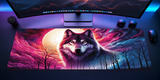 Wolf-themed mouse pad with a colorful design on a desk setup.