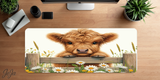Desk mat with a cow design on a wooden desk