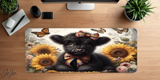 Decorative mouse pad with a black cow and sunflowers on a wooden desk.