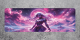 Futuristic woman with long hair against a pink and purple cosmic background on a textured surface