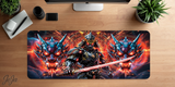 Decorative mouse pad with warrior design on a wooden desk