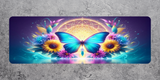 Colorful butterfly and floral design on a dark background