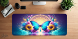 Decorative mouse pad with a butterfly and floral design on a wooden desk.