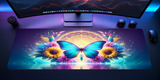 Colorful butterfly and floral design on a desk mat with a computer setup in the background.