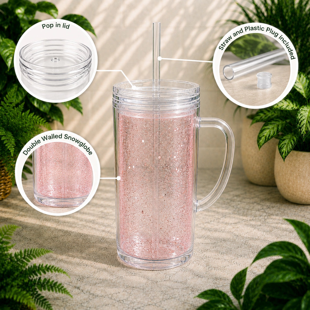 Clear tumbler with pink interior, lid, straw, and plug on a neutral background with plants.