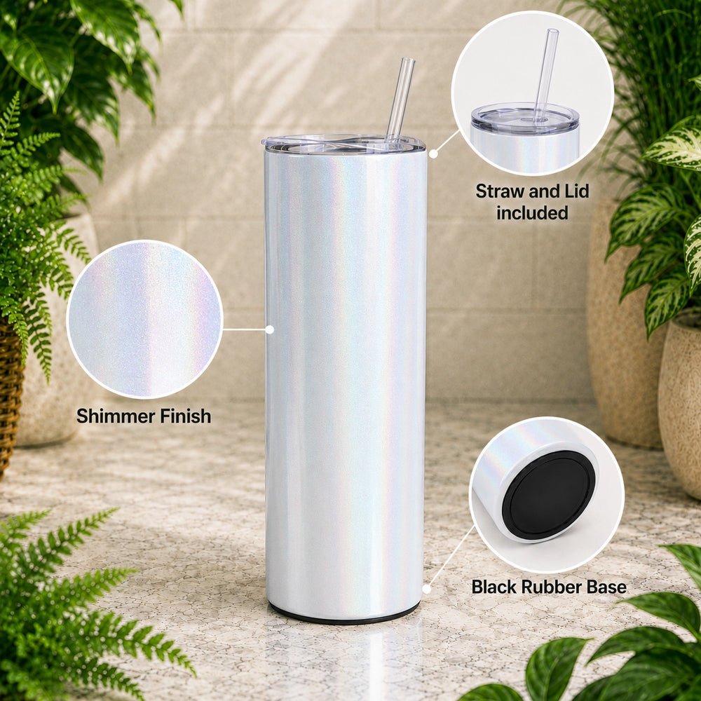 White tumbler with straw and lid on a neutral background with plants