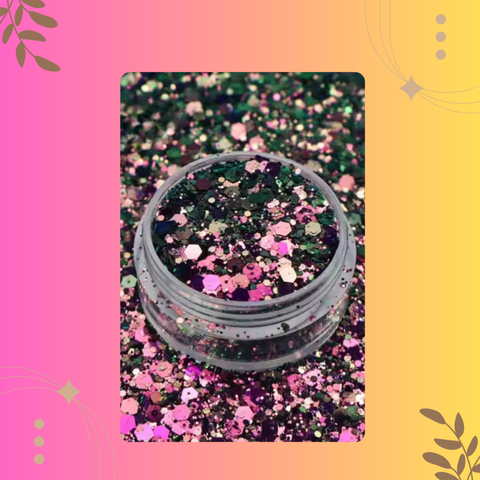 Jar of multicolored glitter on a colorful background
