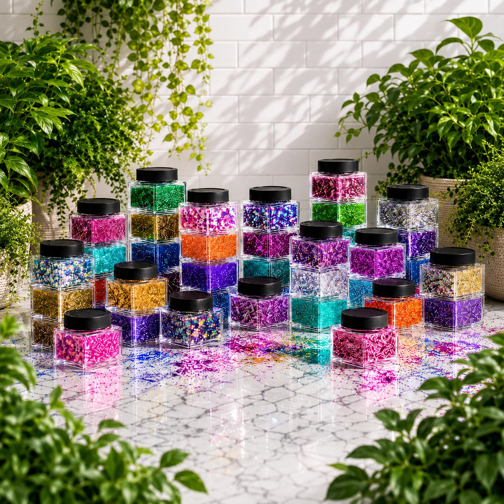 Stacks of small jars filled with colorful glitter on a marble surface with plants in the background.