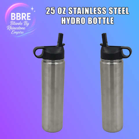 Two stainless steel hydro bottles with black lids on a gradient blue background, featuring BBRE Blanks By Rhinestone Empire logo.