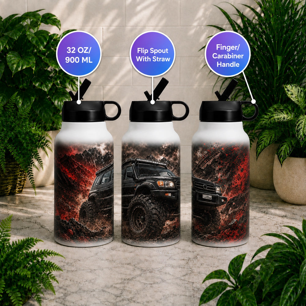 Three water bottles with off-road vehicle design on a stone surface with plants in the background.