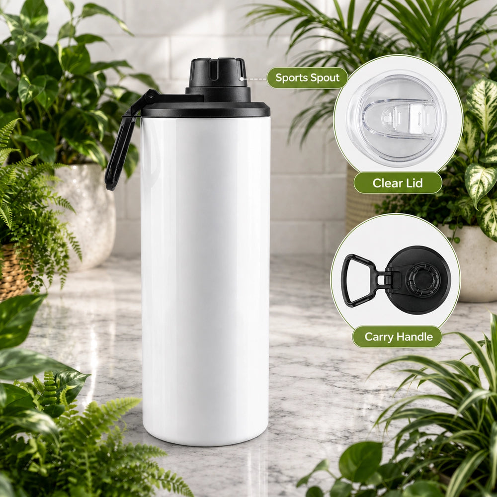 White water bottle with black lid and sports spout on a marble surface with plants in the background
