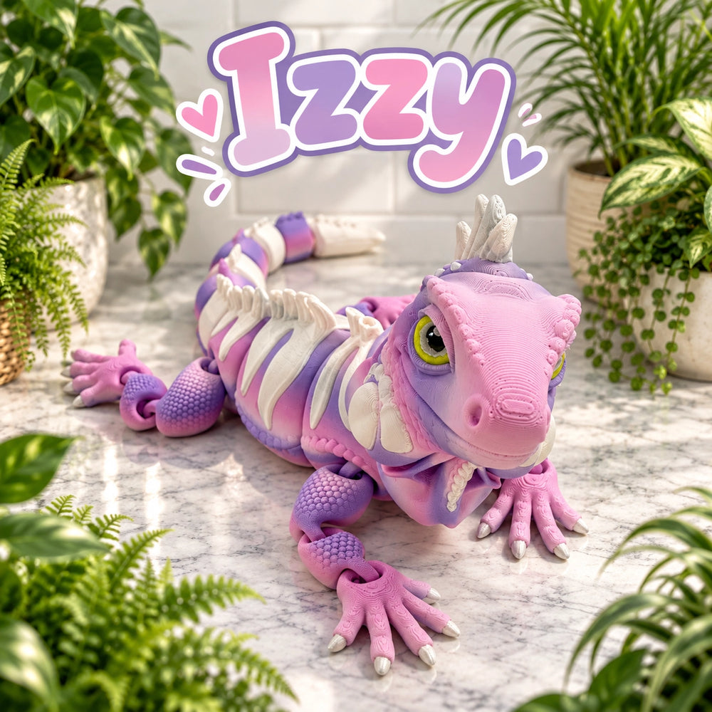 A pink and purple toy lizard named 'Izzy' with white skeletal details, posed on a marble surface surrounded by potted green plants. The name 'Izzy' is displayed in a stylized pink and purple font at the top.