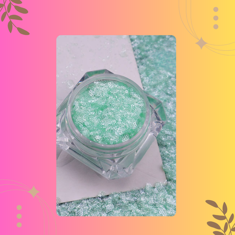 Green glittery powder in a clear jar on a colorful background