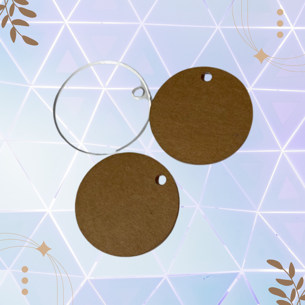 Two brown circular tags with holes on a geometric patterned background
