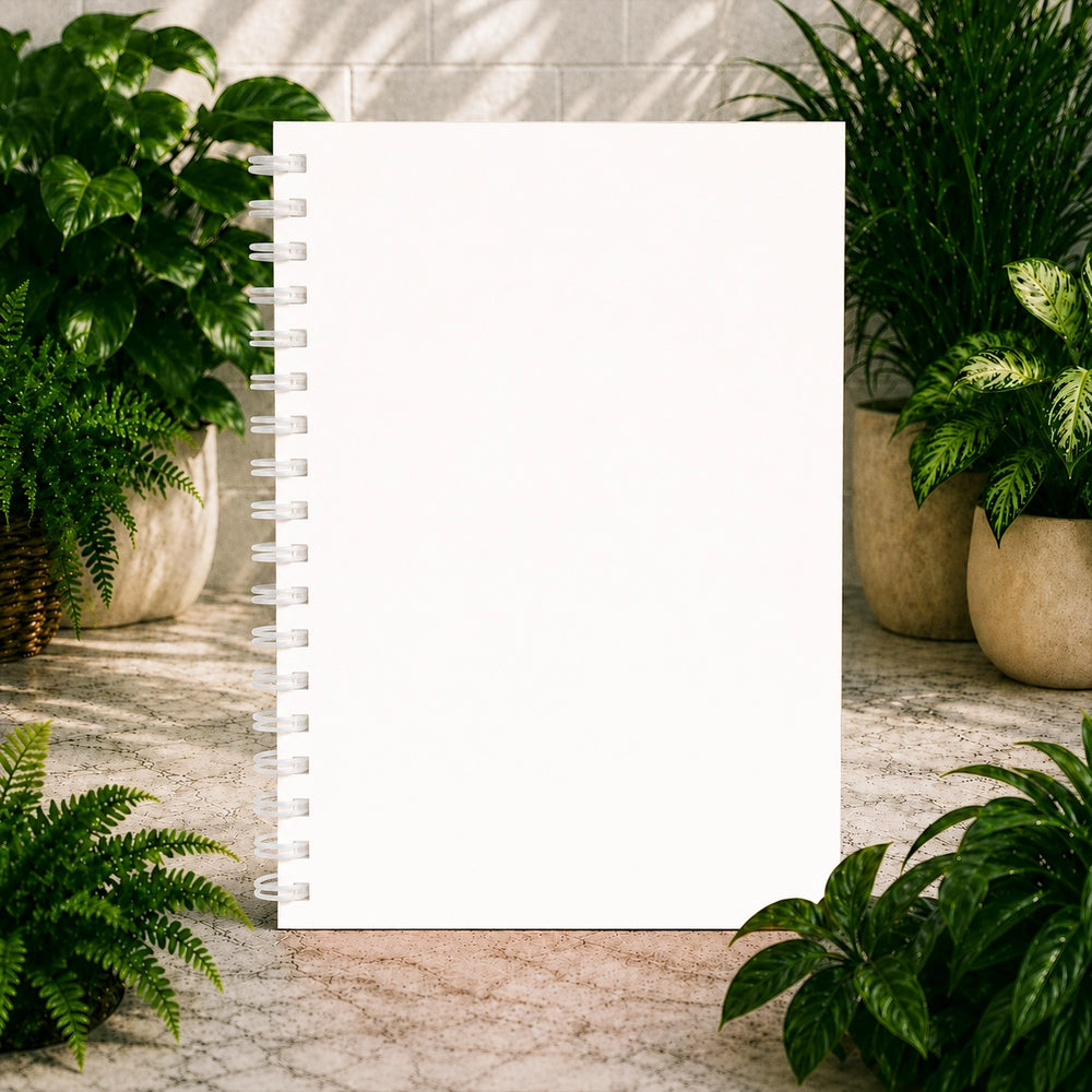 White spiral-bound notebook with plants on a marble surface