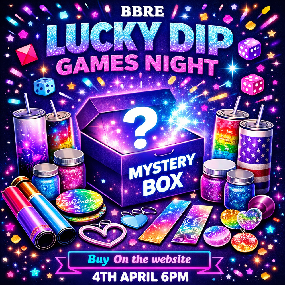 Promotional poster for BBRE Lucky Dip Games Night with a mystery box and various colorful items.