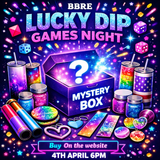 Promotional poster for BBRE Lucky Dip Games Night with a mystery box and various colorful items.