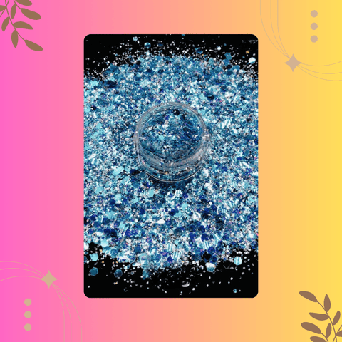 Blue glitter in a clear container on a colorful background