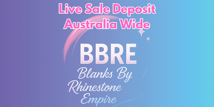 Promotional banner for BBRE Blanks By Rhinestone Empire with a gradient background and text.