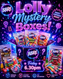 A promotional graphic for BBRE Lolly Mystery Boxes featuring multiple clear bags of assorted gummy candies arranged around a black gift box. The image has a neon, cyberpunk aesthetic with purple and pink glowing text, question marks, candy illustrations, and a dark starry background.