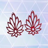 Red floral-shaped earrings on a geometric patterned background