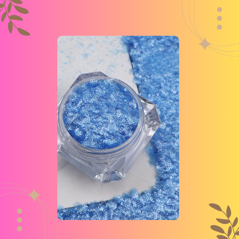 Blue glitter in a clear jar on a colorful background