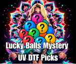 Promotional graphic for 'Lucky Balls Mystery UV DTF Picks' with colorful question mark balls and a vibrant background.