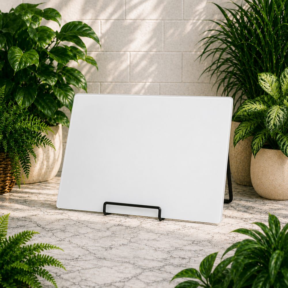 White screen or panel on a stand surrounded by potted plants
