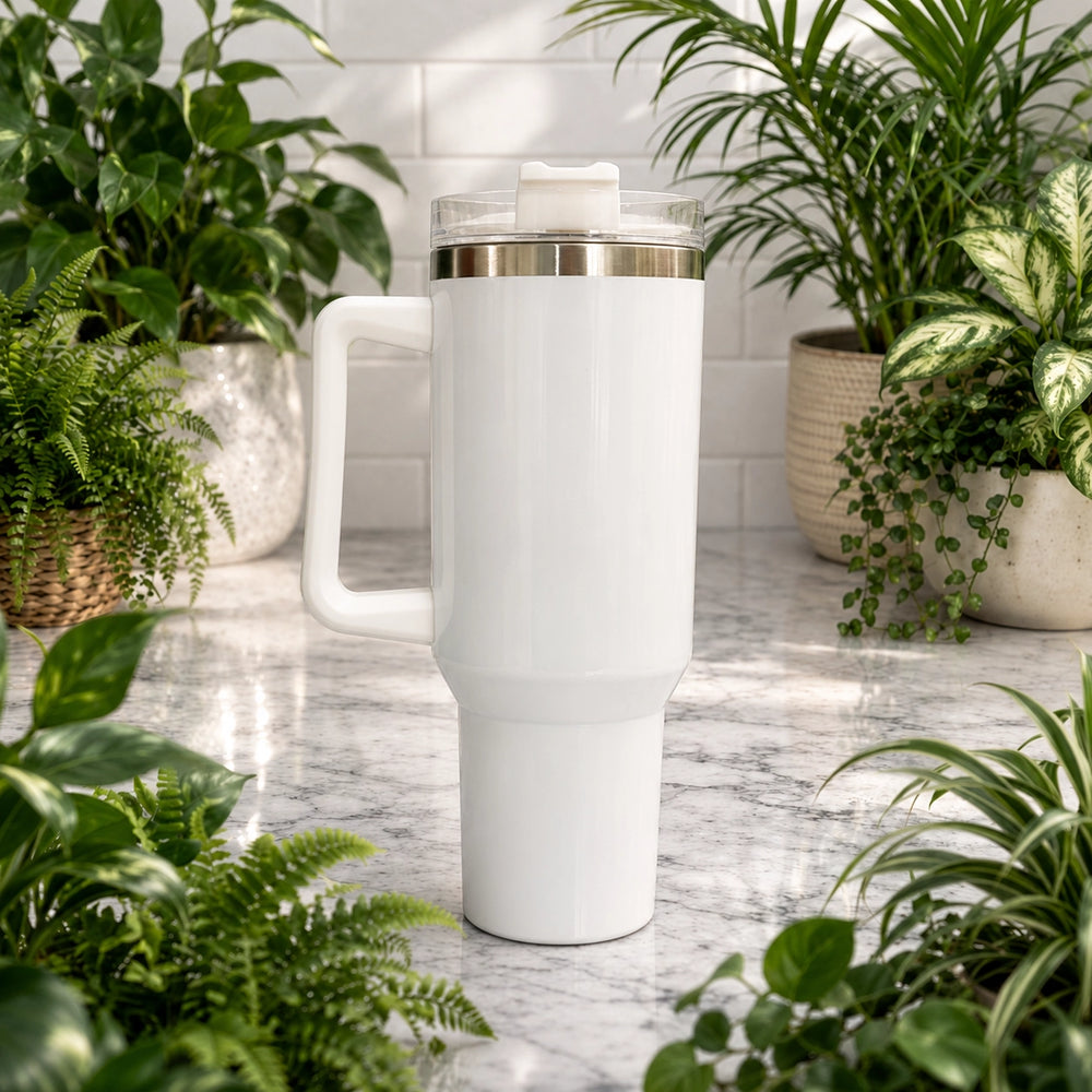 White travel mug with silver lid on a marble surface surrounded by potted plants