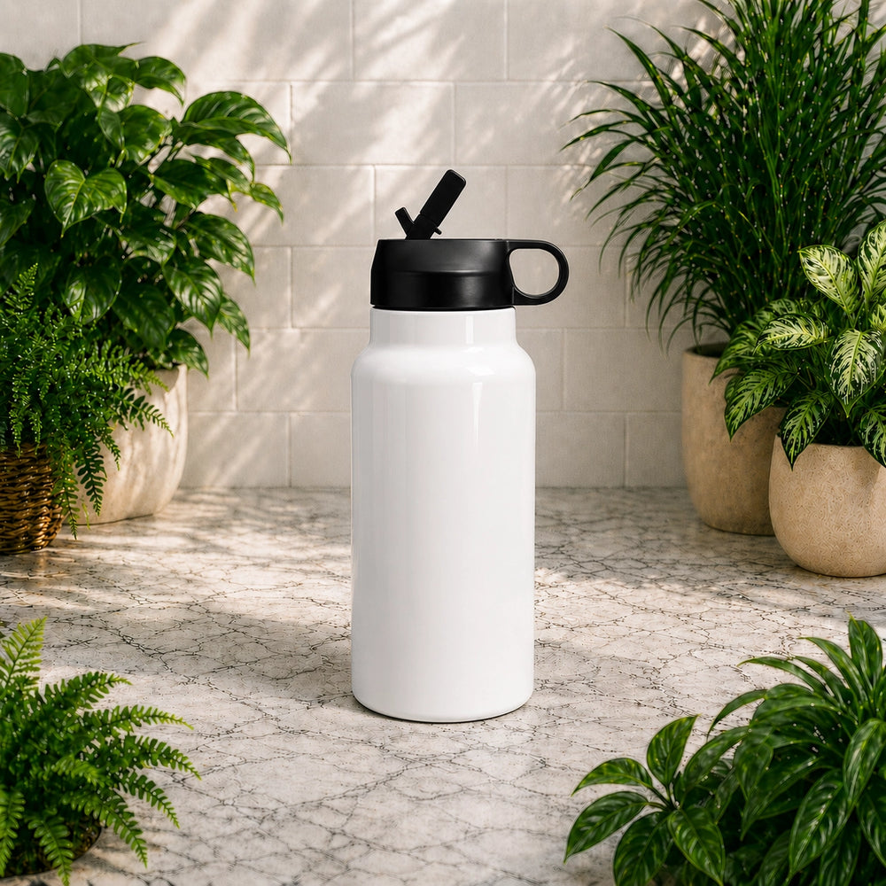White water bottle with black lid on a marble surface surrounded by potted plants