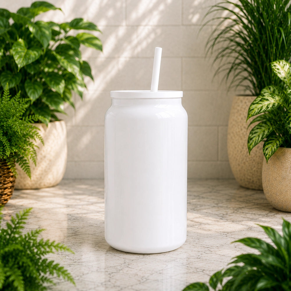 White tumbler with a straw on a light wooden surface surrounded by potted plants.