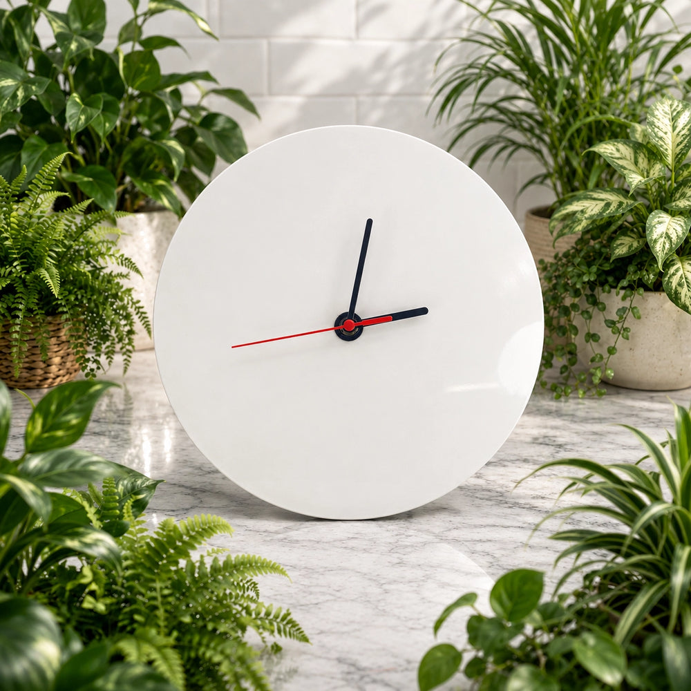 White wall clock with black and red hands on a marble surface surrounded by potted plants.
